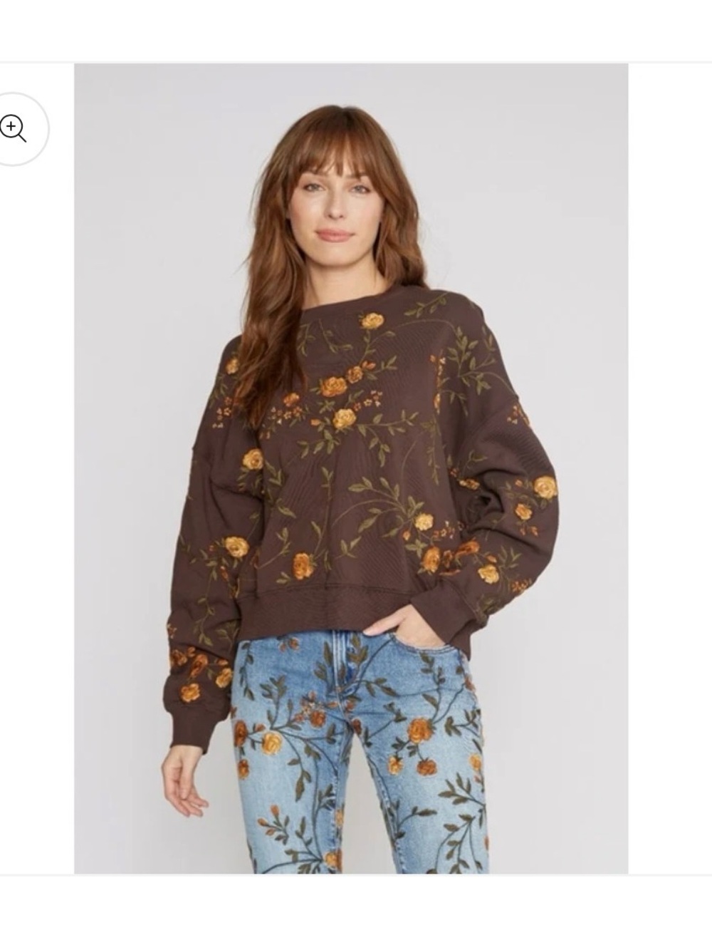 DRIFTWOOD Brown Floral Crewneck Sweater with Yellow Rose Accents Over Sized